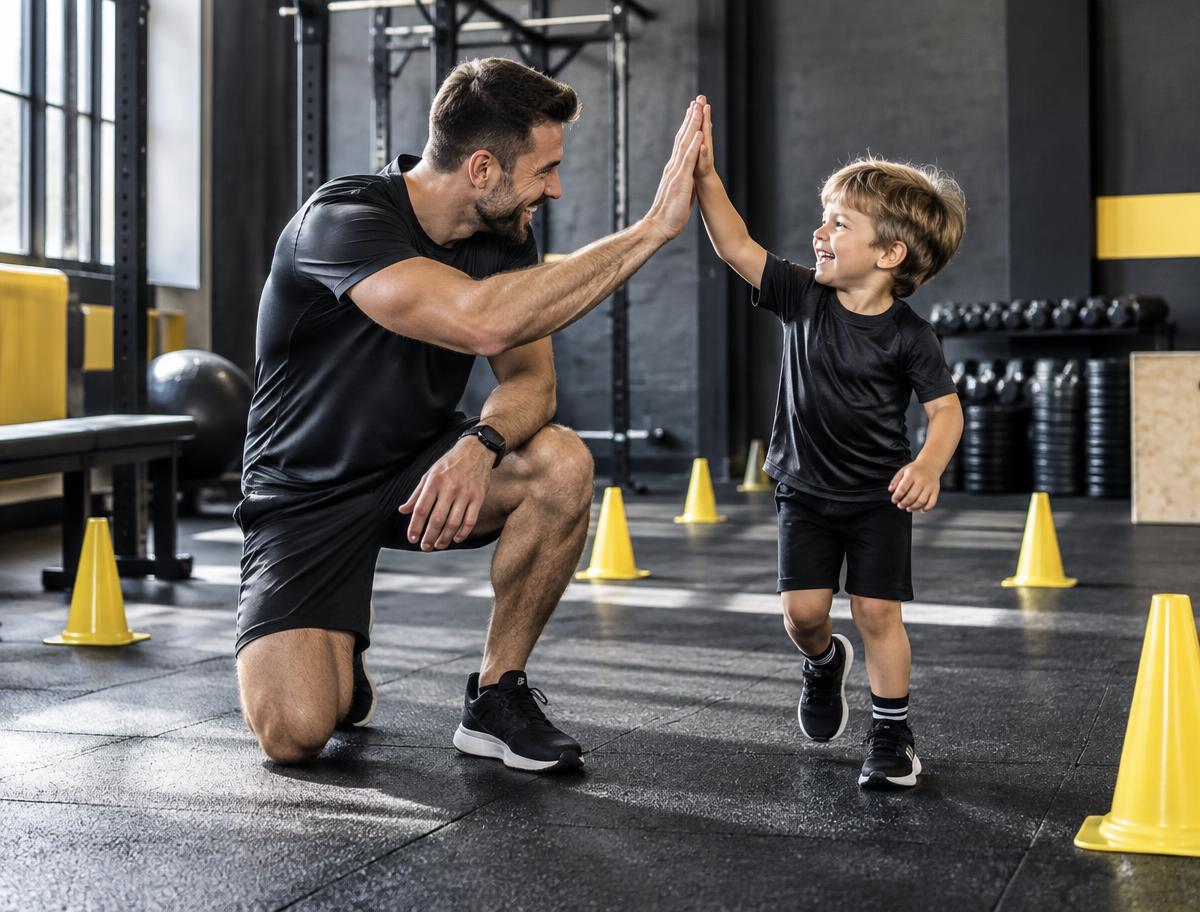 A parent and child sharing a high-five after exercise